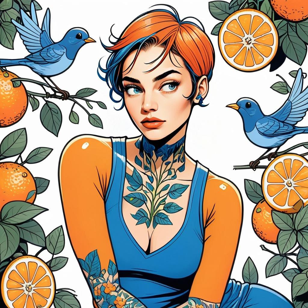 Vibrant Woman with Orange and Blue Hair Surrounded by Fruits and Birds Vibrant Woman with Orange and Blue Hair Surrounded by Fruits and Birds
