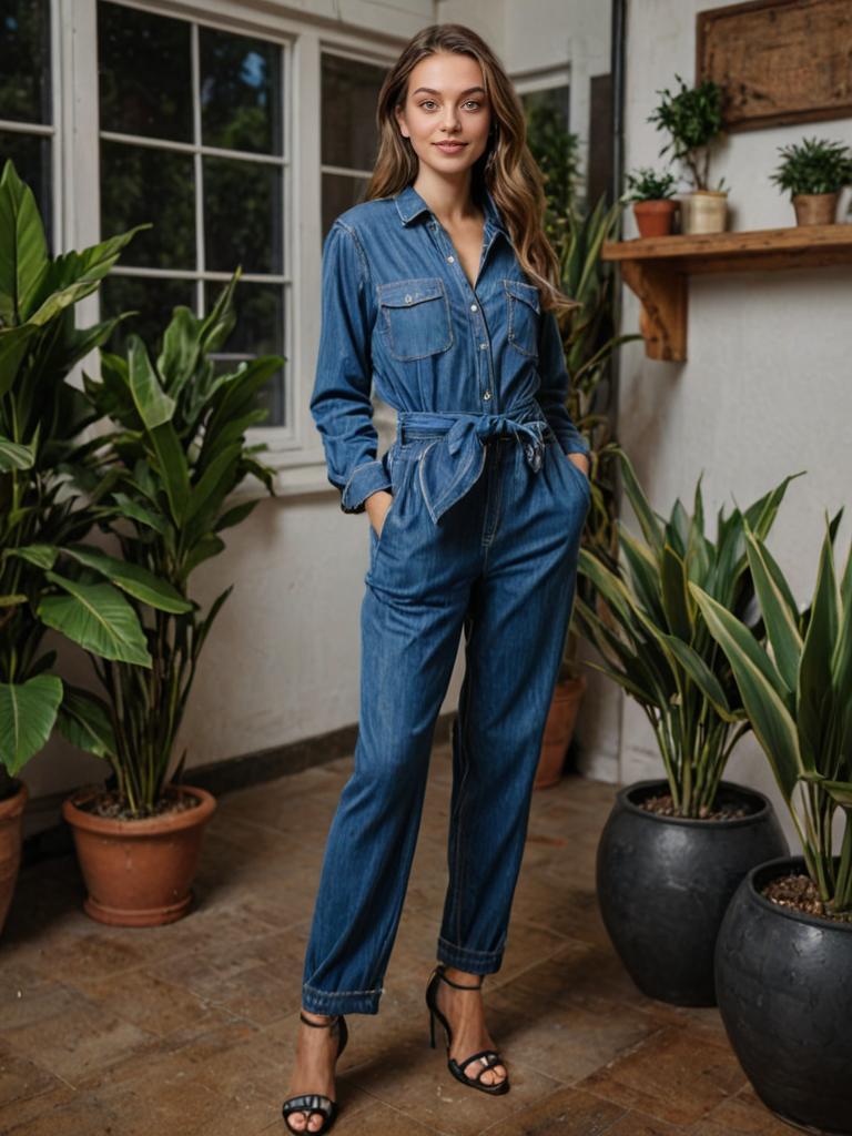 Stylish Woman in Denim Jumpsuit Surrounded by Green Plants