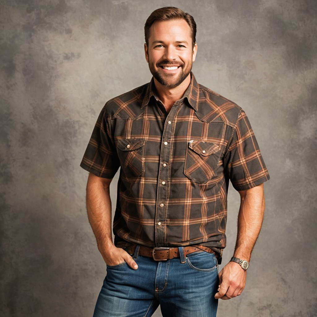 Confident man in plaid shirt and jeans