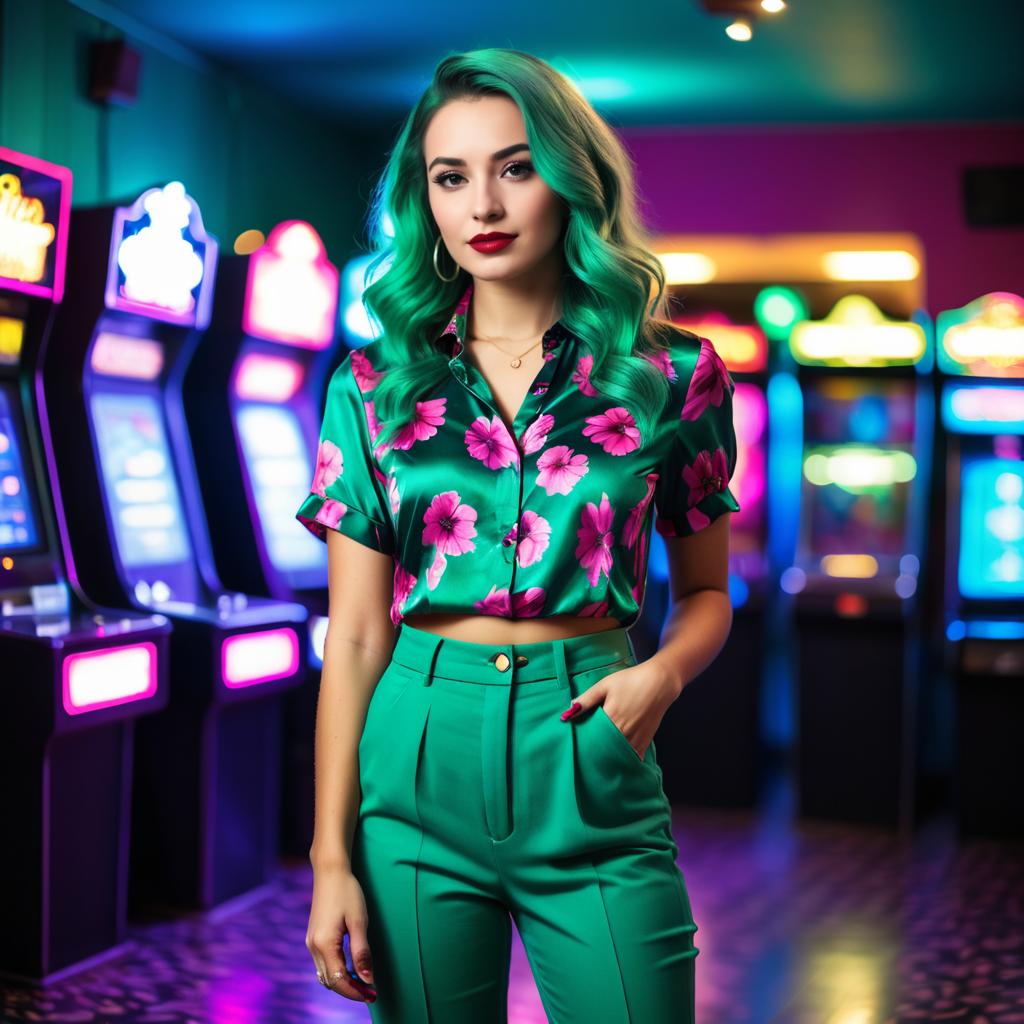 Young Woman with Green Hair in Neon Arcade Wearing Floral Outfit