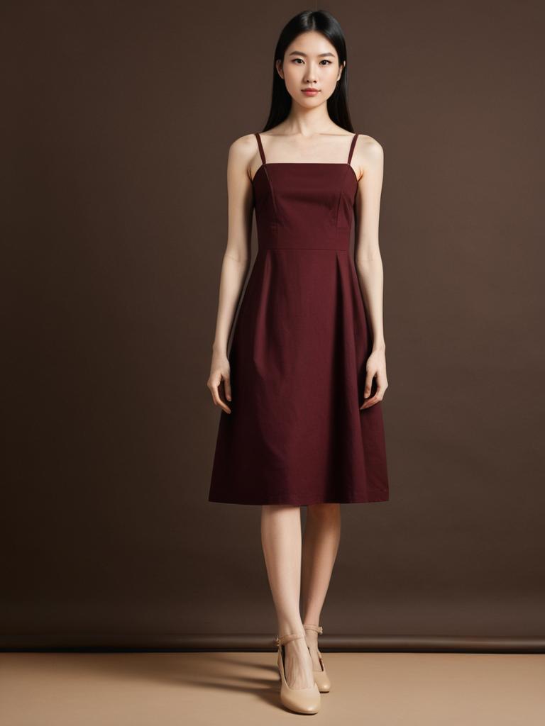 Elegant Woman Wearing Burgundy Sleeveless Dress on Brown Background