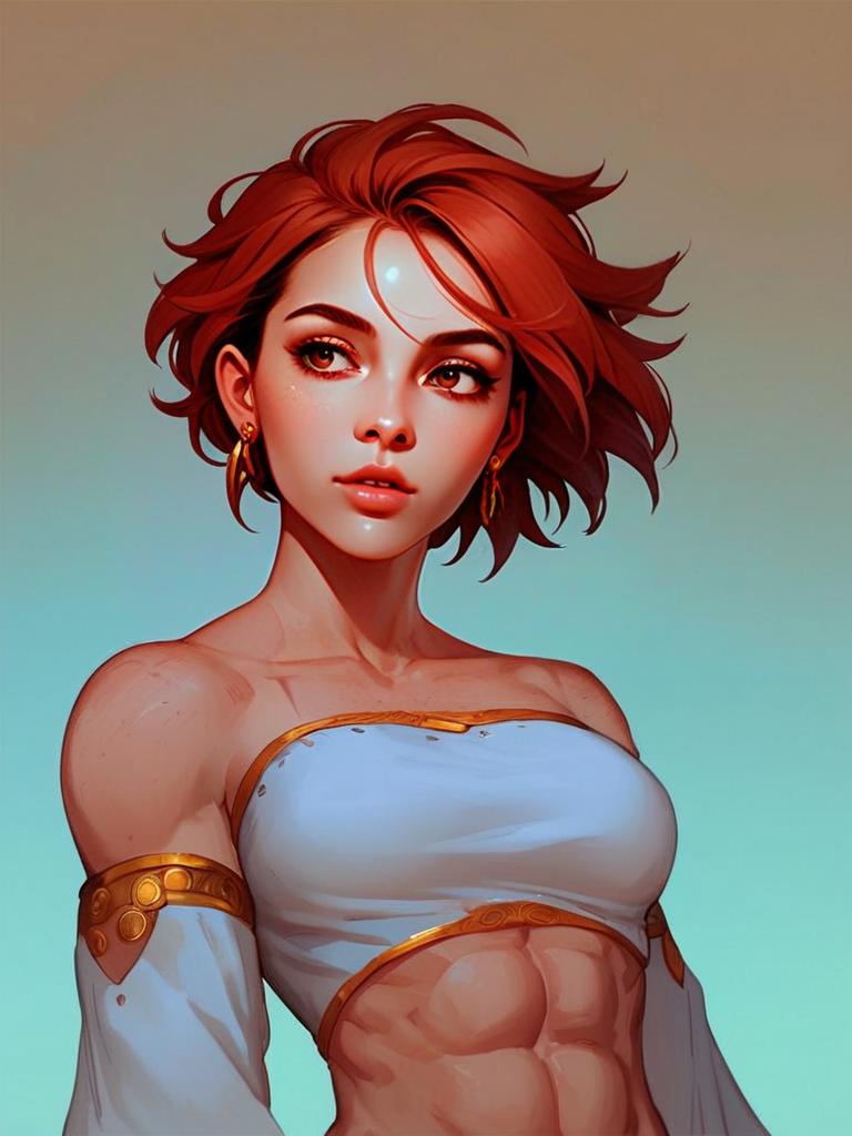 Strong Woman with Red Hair in Off-Shoulder Top
