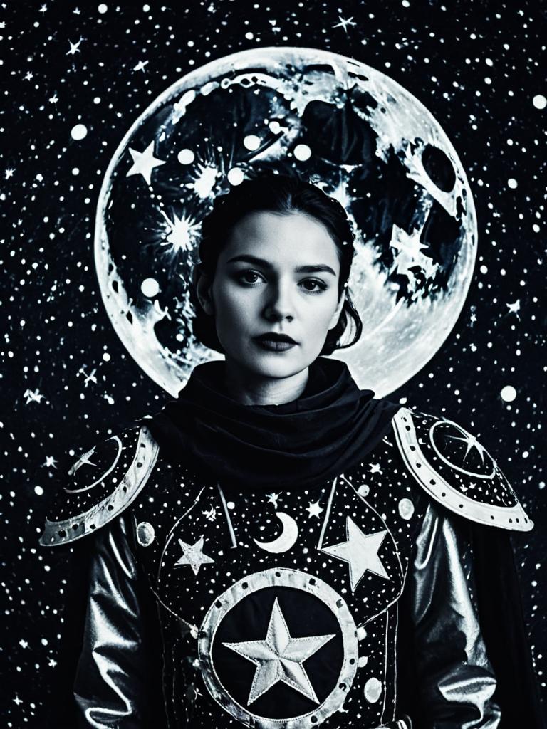 Woman in Stars and Moons Cosmic Costume with Moon Background