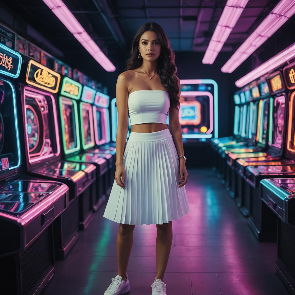 Stylish Woman in White Outfit Posing in Neon-Lit Retro Arcade