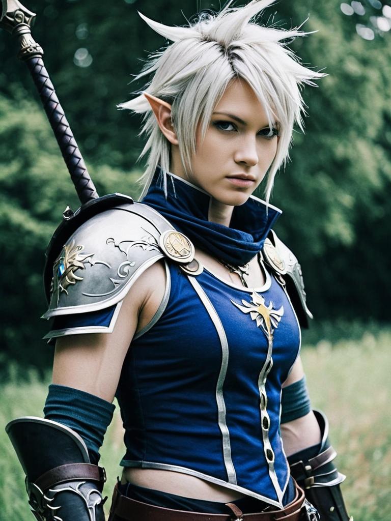 Male Final Fantasy Cosplay with Silver Armor and Spiked White Hair