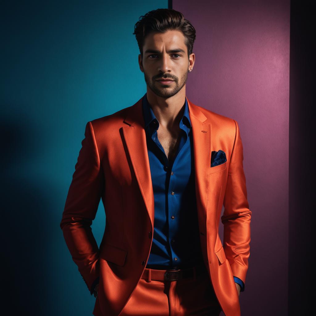 Stylish Man in Orange Suit Against Vibrant Backdrop