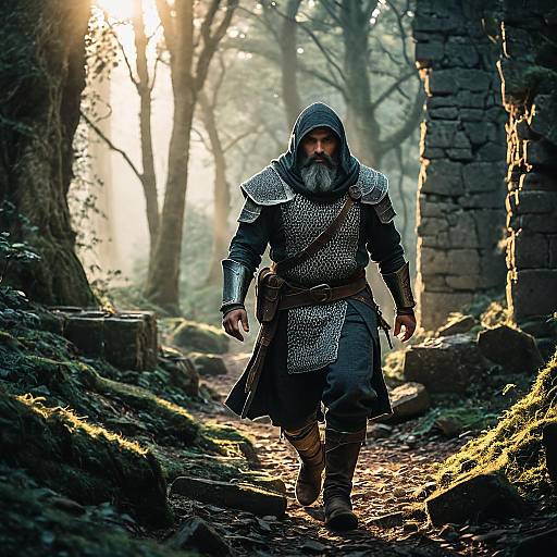 Medieval Warrior in Hooded Chainmail Walking Through Forest Ruins