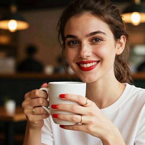 Joyful Young Woman Enjoying Coffee in Cozy Café