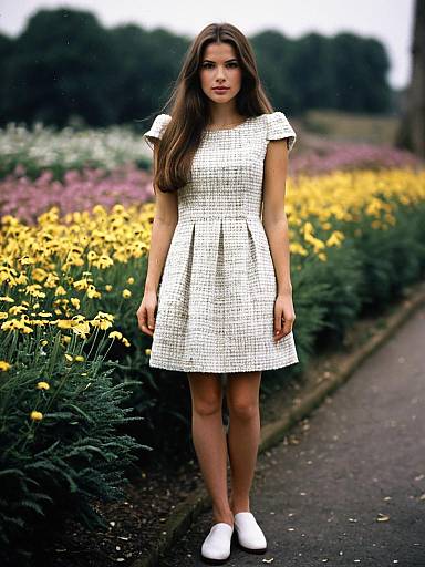 Woman Wearing White Tweed Dress in Flower Garden