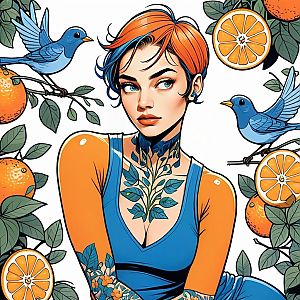 Vibrant Woman with Orange and Blue Hair Surrounded by Fruits and Birds