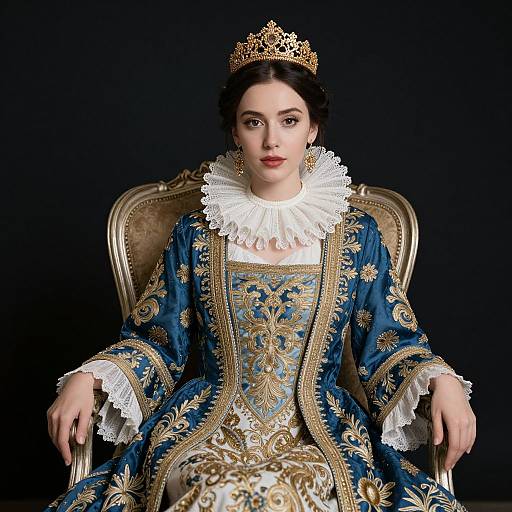 Elegant Woman in Renaissance-Style Gown and Gold Crown Seated on Ornate Chair
