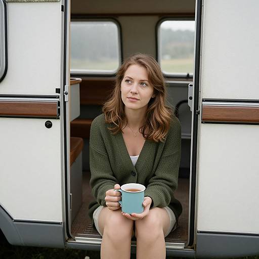 Woman Relaxing with Tea at Camper Van Door