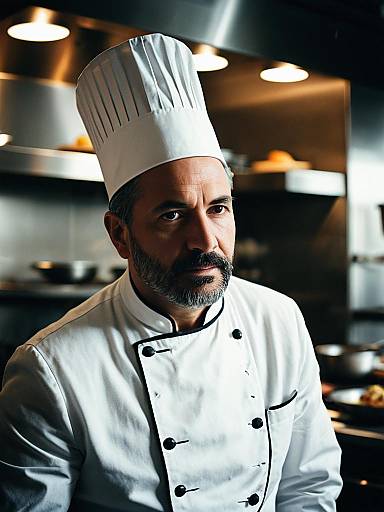 Cinematic Realism Portrait of Man in Chef Costume in Professional Kitchen