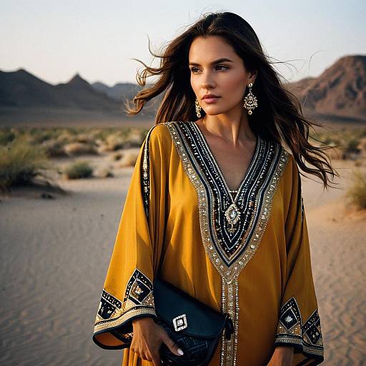 Woman in Embellished Mustard Kaftan in Desert Landscape