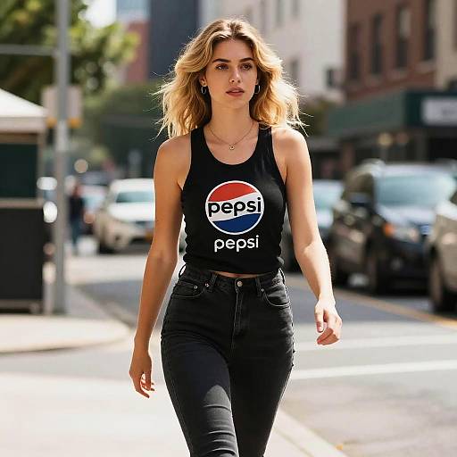 Young Woman Wearing Vintage Pepsi Logo Tank Top Walking in City