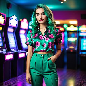 Young Woman with Green Hair in Neon Arcade Wearing Floral Outfit