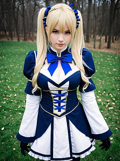 Artoria Caster Third Ascension Cosplay in Blue and White Dress Outdoors