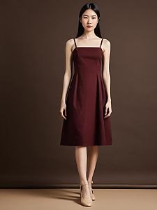 Elegant Woman Wearing Burgundy Sleeveless Dress on Brown Background