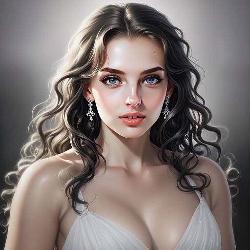 Realistic Anime Style Portrait of a Woman with Wavy Hair and Blue Eyes