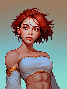 Strong Woman with Red Hair in Off-Shoulder Top