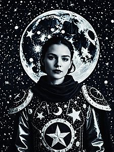 Woman in Stars and Moons Cosmic Costume with Moon Background