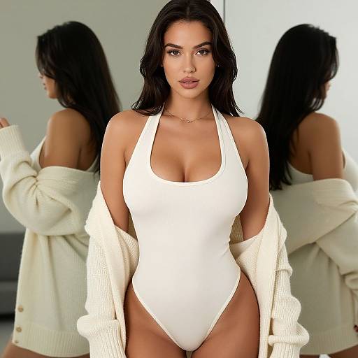 Woman in White Halter Neck Bodysuit and Cream Cardigan with Mirror Reflection