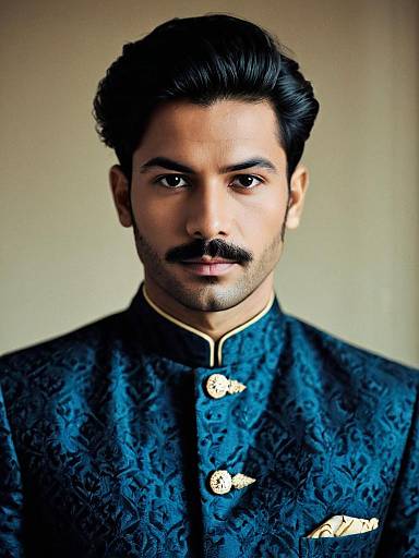 Man in Blue Embroidered Sherwani with Gold Details Portrait