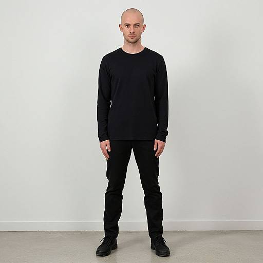 Man Wearing All Black Outfit Standing Against Plain Grey Wall