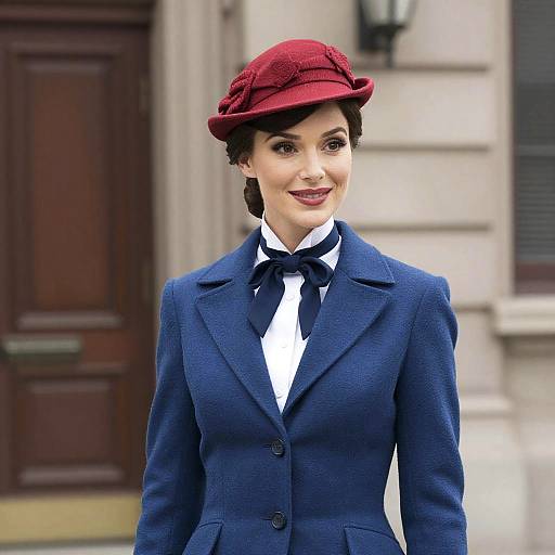 Vintage Mary Poppins Style Woman in Red Hat and Blue Jacket