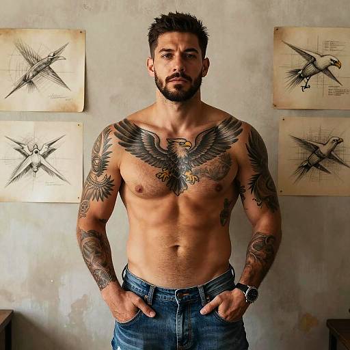 Tattooed Man with Large Eagle Chest Tattoo and Bird Sketches Background