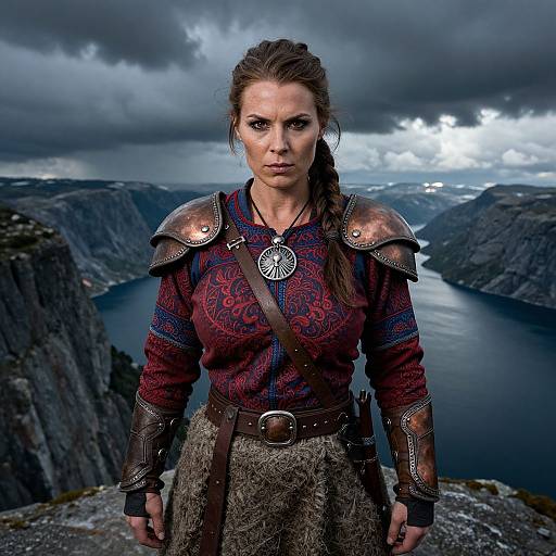 Viking Woman Warrior in Armor Standing on Fjord Cliff