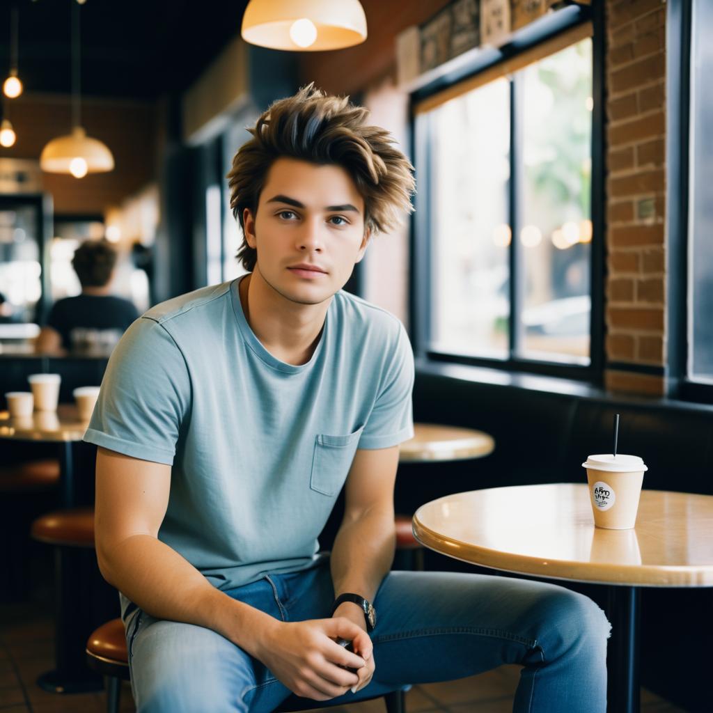 Young man in cozy coffee shop