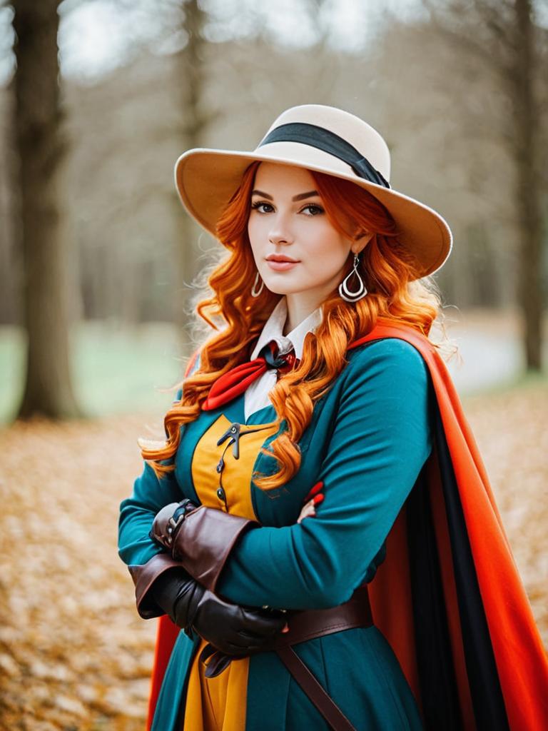 Woman in Vintage Fantasy Costume with Red Cape and Wide-Brimmed Hat in Autumn