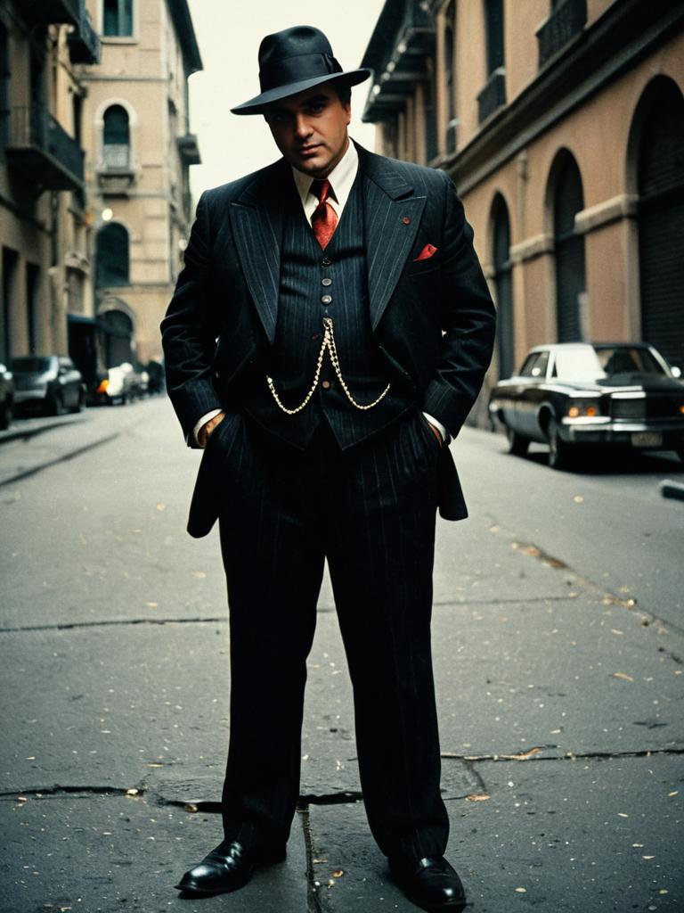 Man in Godfather Costume Full Body Cosplay Photo Cinematic Realism