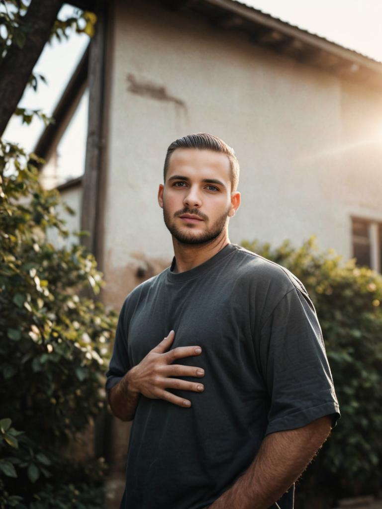 Casual man in dark grey t-shirt outdoors