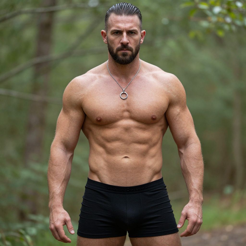 Muscular Man in Black Shorts with Silver Necklace Outdoors