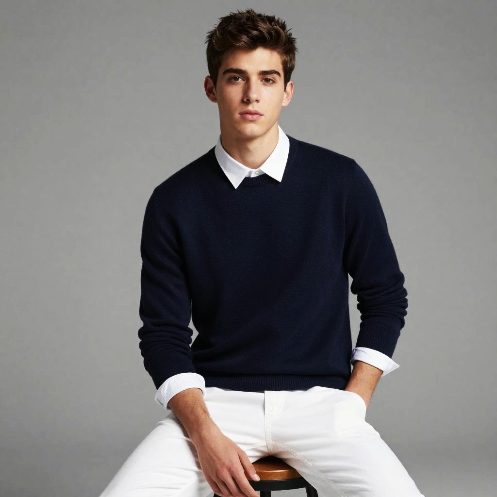 Young Man in Navy Sweater and White Pants Gen Z Fashion Portrait