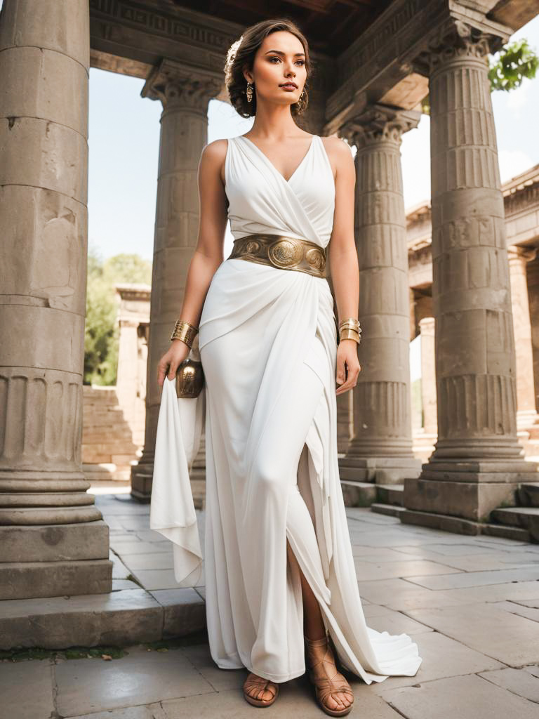 Elegant Woman in White Gown Among Stone Columns