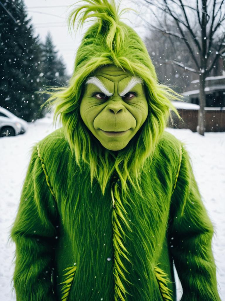 Man in Detailed Grinch Costume Outdoors in Snow - Grinch Cosplay