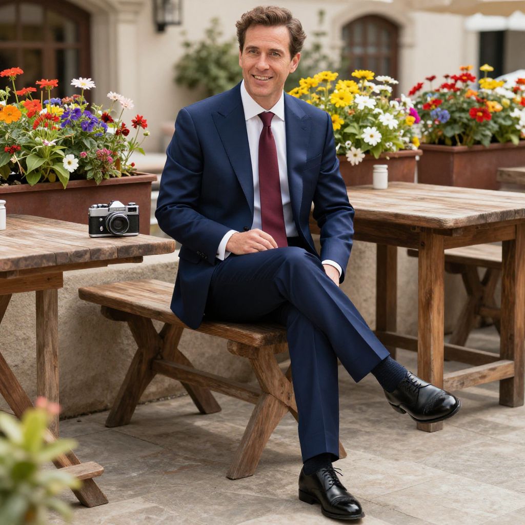 Man in Navy Blue Suit Sitting at Outdoor Café with Vintage Camera