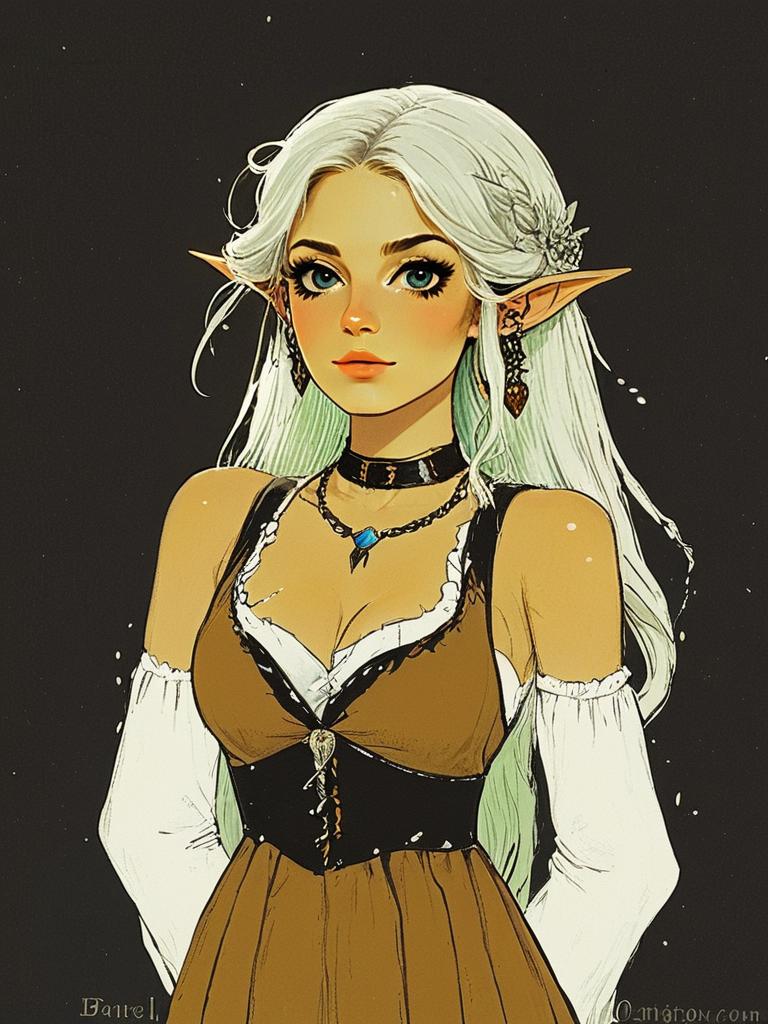 Fantasy Elf Woman Digital Artwork with Medieval Dress and White Hair