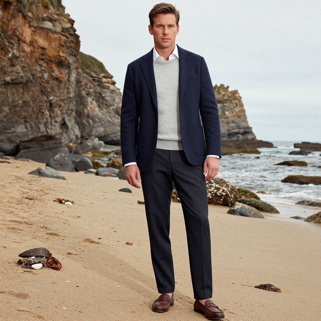 Smart Casual Men's Outfit on Coastal Beach