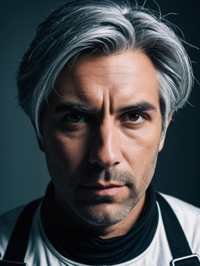 Close-up portrait of a man with silver hair and brown eyes