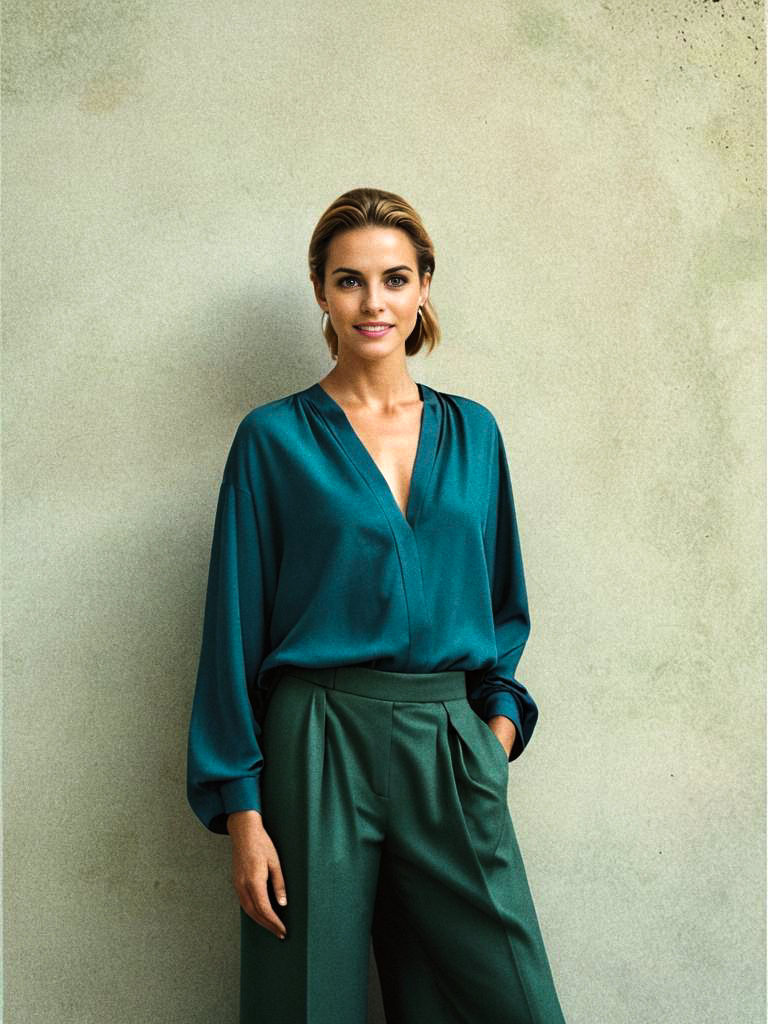 Stylish Woman in Deep Teal Blouse and Green Trousers