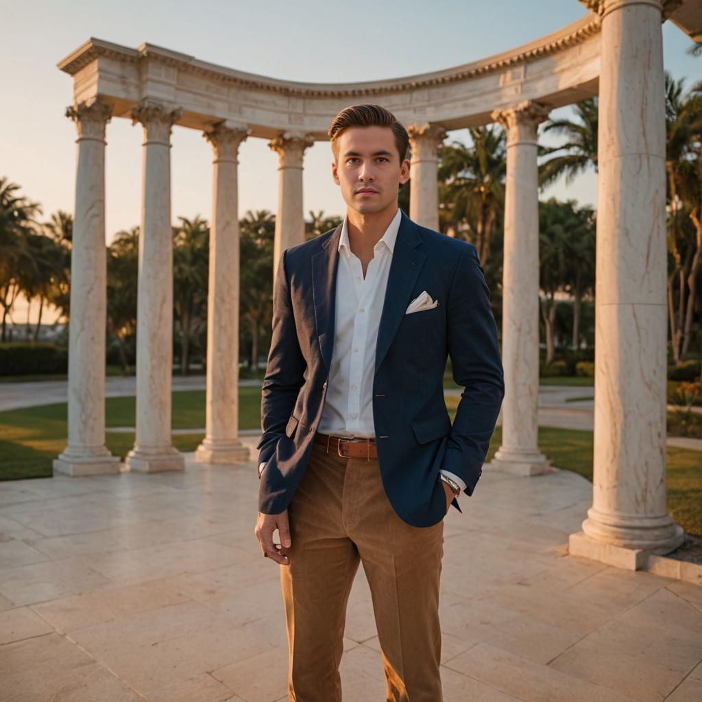 Man in Smart Casual Attire Against Classical Pillars at Sunset