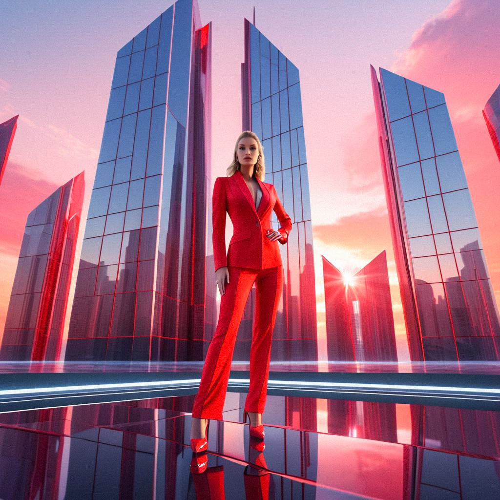 Confident Woman in Red Suit Against Futuristic Skyscrapers