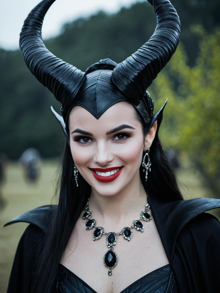 Woman in Maleficent Costume Headpiece with Jewelry and Horns