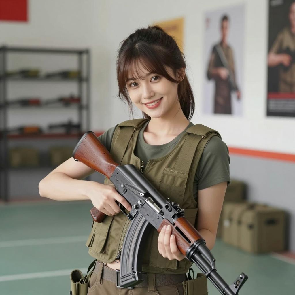 Young Woman Holding AK-47 Rifle at Shooting Range