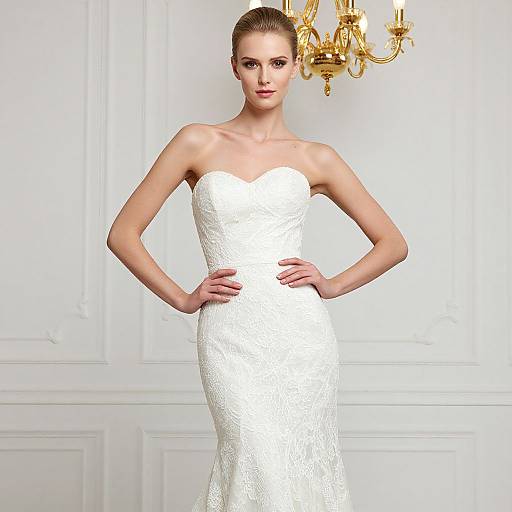Elegant Strapless White Lace Wedding Dress on Woman in Classic Interior