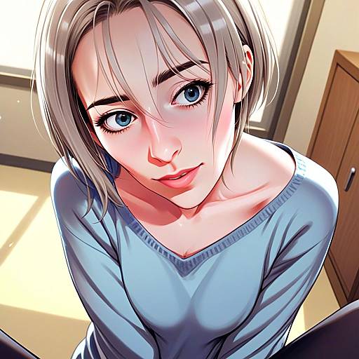 Anime Style Portrait of Woman with Blue Eyes and Gray Hair in Soft Blue Sweater